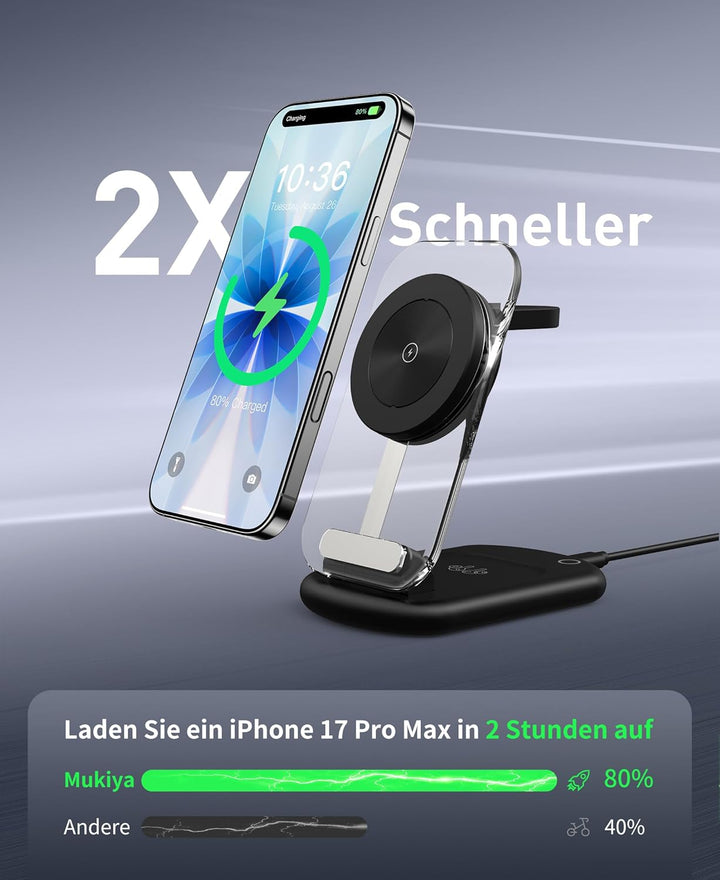Induktive Ladestation, 3 in 1 Mag Safe Ladestation Kompatibel mit iPhone 17 16 15 14 13 12 Pro Max/A