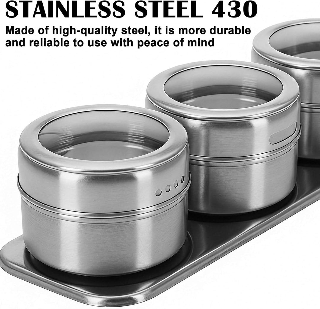 12 Stück Gewürzdosen Magnetisch, 100ml Edelstahl Transparent Top BBQ Gewürzdose, 2-in-1 Gewürzbehält