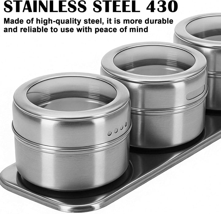 12 Stück Gewürzdosen Magnetisch, 100ml Edelstahl Transparent Top BBQ Gewürzdose, 2-in-1 Gewürzbehält