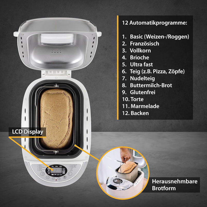 TZS First Austria Brotbackautomat, 1250g, 12 Automatik-Programmen, 2 Knethaken, Teig-, Marmelade- un