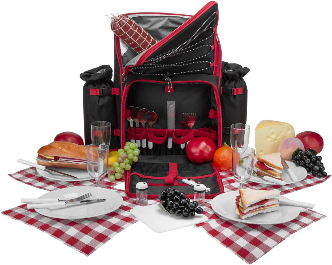 anndora Picknickrucksack 4 Personen schwarz weiss gepunktet + 29-TLG. Zubehör
