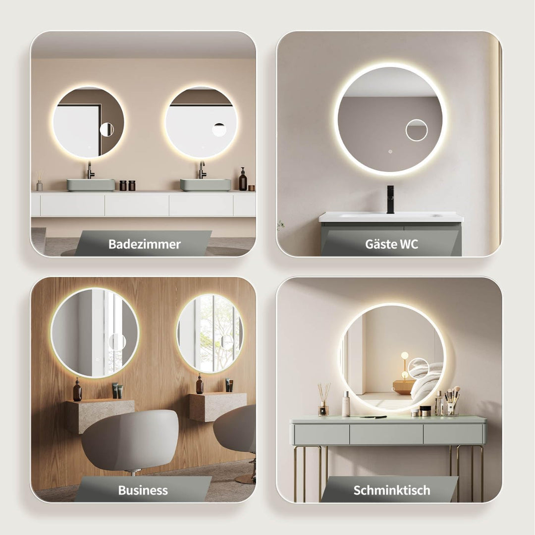 HOKO® Runder LED Badspiegel 80cm Hamburg. Designspiegel mit KOSMETIKSPIEGEL 3-Fach, Bad Spiegel LED