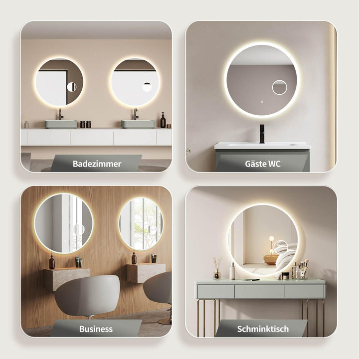HOKO® Runder LED Badspiegel 80cm Hamburg. Designspiegel mit KOSMETIKSPIEGEL 3-Fach, Bad Spiegel LED