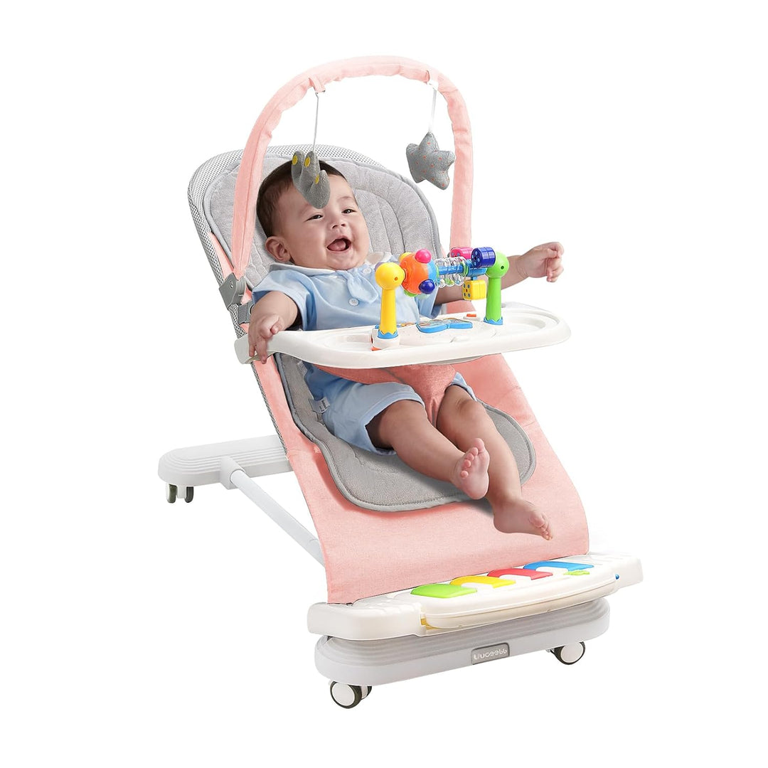 Babywippe mit Abnehmbarer Spielbogen, Baby Bouncer mit Klavierspielzeuge, Fütterungstablett, Verdick
