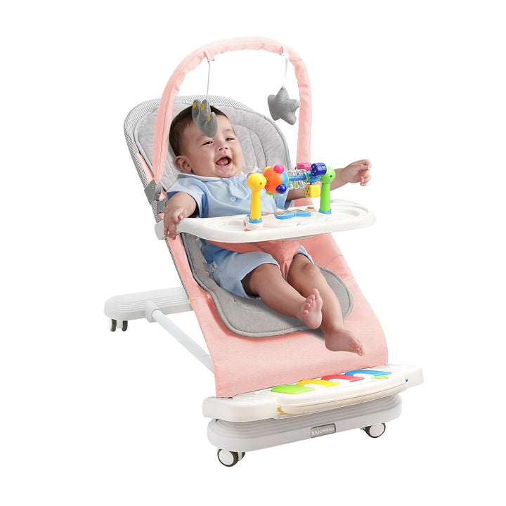 Babywippe mit Abnehmbarer Spielbogen, Baby Bouncer mit Klavierspielzeuge, Fütterungstablett, Verdick
