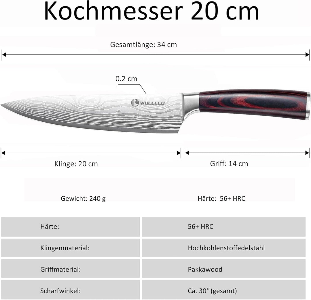 WULECCO Kochmesser 20cm, Proffi Küchen Chefmesser aus Hochkohlenstoffstahl, Ultrascharfe 15° Doppel-