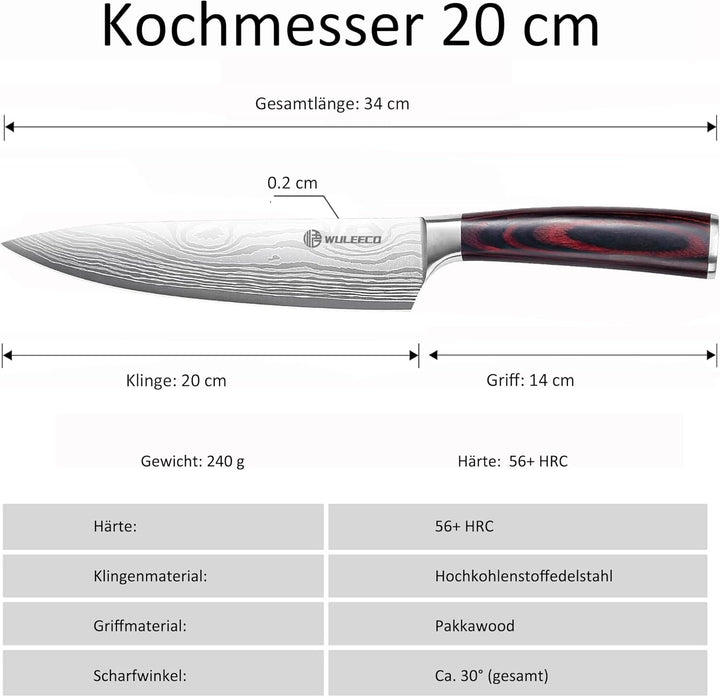 WULECCO Kochmesser 20cm, Proffi Küchen Chefmesser aus Hochkohlenstoffstahl, Ultrascharfe 15° Doppel-