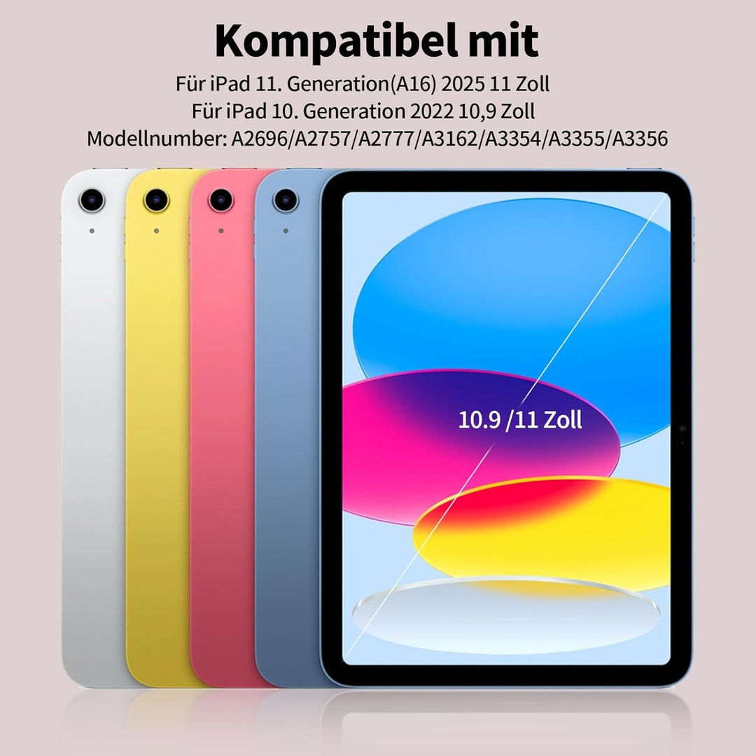 Hülle mit Tastatur für iPad 11/10 Generation mit Stifthalter, Magnetisch Abnehmbare Kabellose Blueto