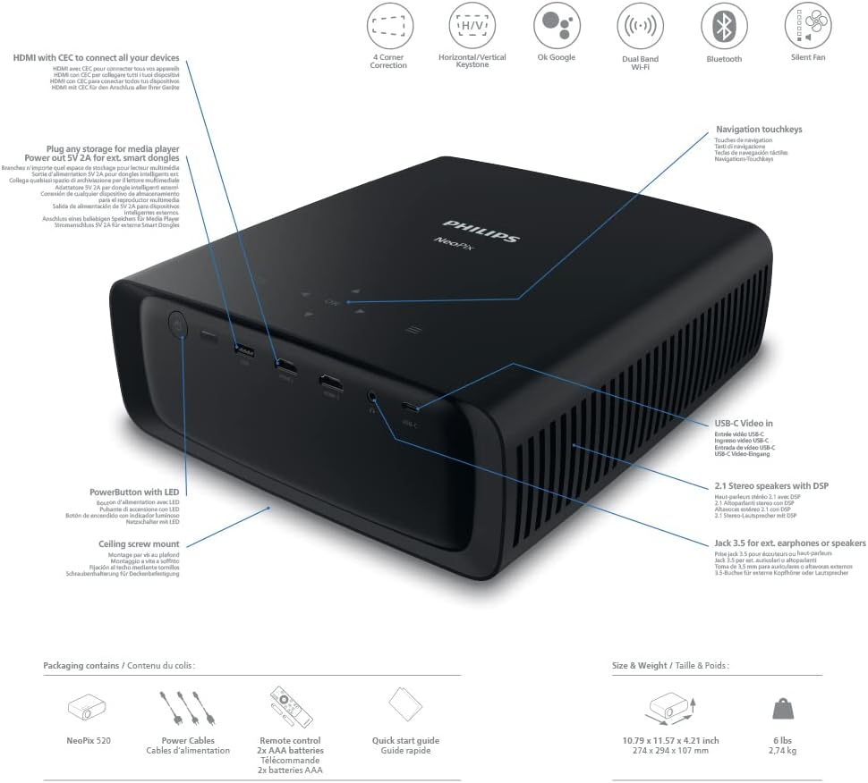 Philips NeoPix 520, True Full HD Projektor mit Android TV, Chromecast und integriertem HDMI Anschlus