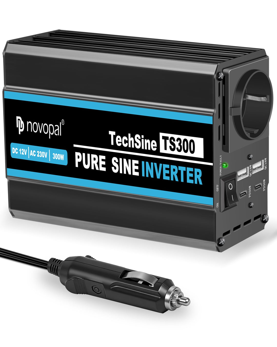 novopal 300W Wechselrichter Reiner Sinus 12V auf 230V Spannungswandler 1 EU Steckdose,2 QC18W +2 PD