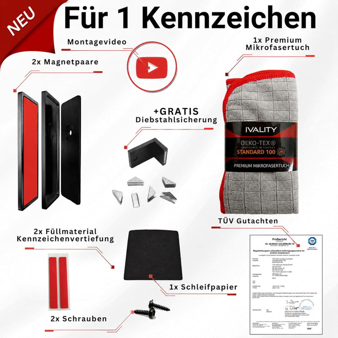 IVALITY Magnetischer Kennzeichen-Halter - Rahmenlose Nummernschild-Halterung für 1X Alu-Kennzeichen