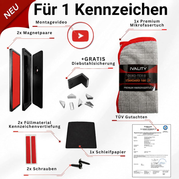 IVALITY Magnetischer Kennzeichen-Halter - Rahmenlose Nummernschild-Halterung für 1X Alu-Kennzeichen