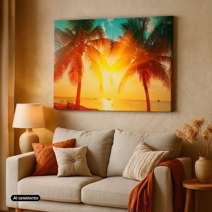 Bilder auf Leinwand 100x70cm Leinwandbild mit Rahmen Meer Palme Wasser Gross Wanddeko Bild Schlafzim