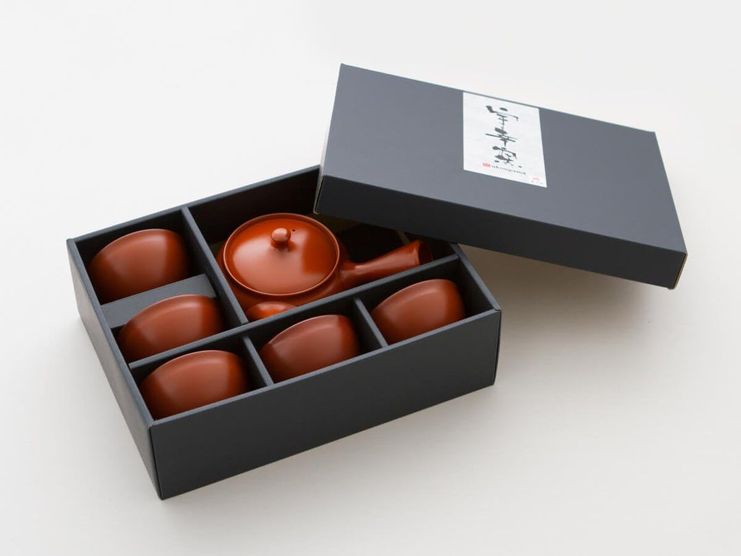 Original japanische Teekanne, Kyusu, mit 5 Becher: Shu Hiramaru. Integriertes Tee-Sieb aus Edelstahl