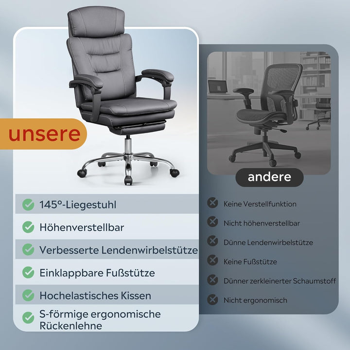 DEVAISE Chefsesse PU Leder, Bürostuhl Ergonomisch mit Fussstütze und Lendenwirbelstütze, Wippfunktio