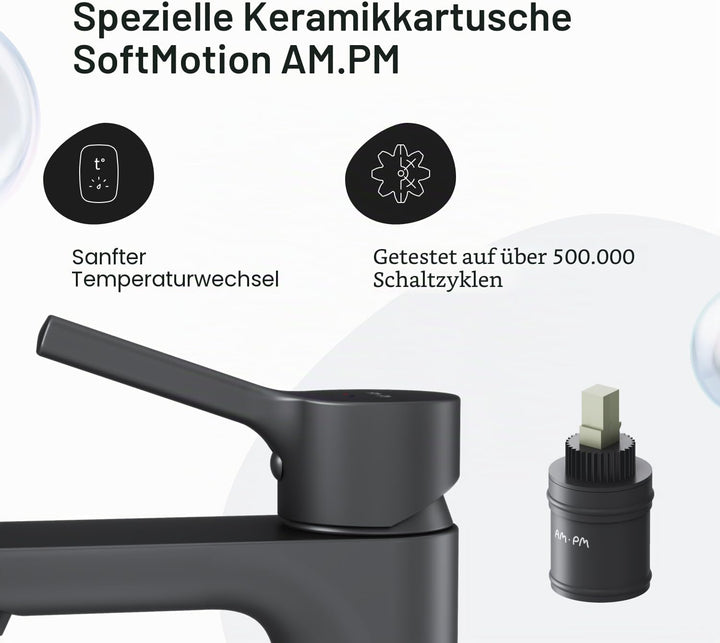 AM.PM Platzsparende Waschtischarmatur mit Zugstange und Ablaufgarnitur, Schwarz, Matt (X-Joy S FXB82