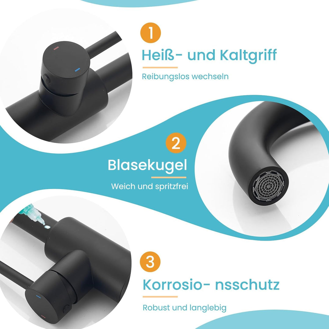 Wasserhahn Bad,Badarmatur/Küche,360°drehbar,Einhebelmischer,Edelstahl Waschbeckenarmatur Schwarz Zwe