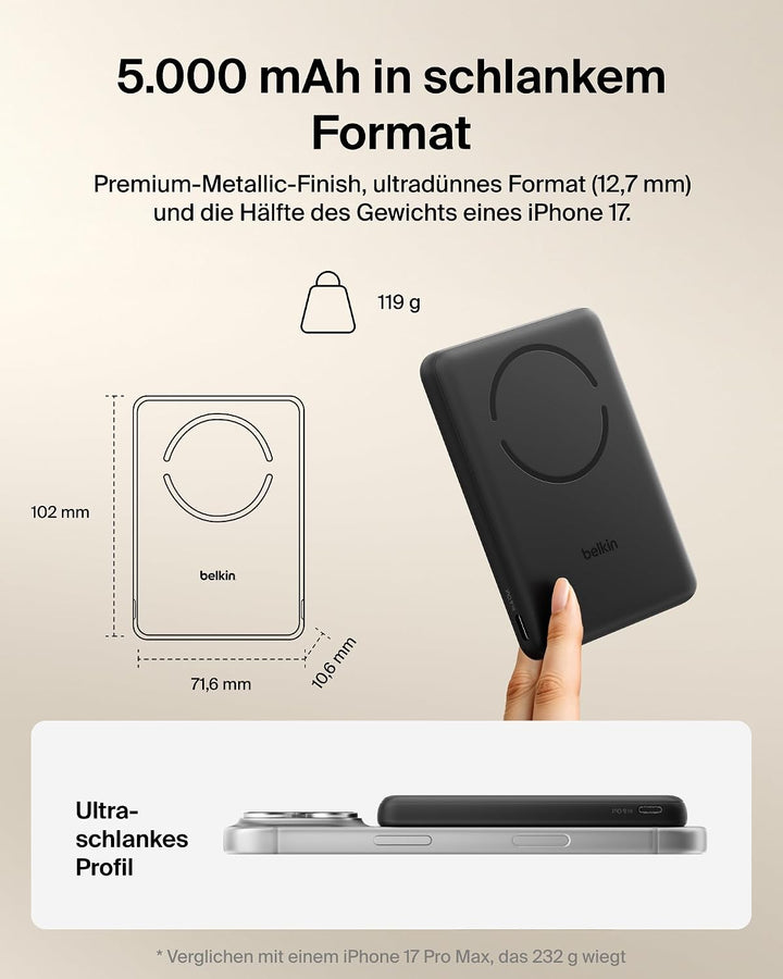 Belkin BoostCharge 5000mAh Magnetische Power Bank mit Magnetring – Schwarz | 5K Powerbank Kabellos,