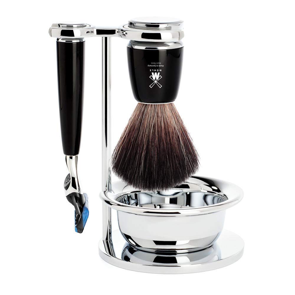 MÜHLE Rytmo Rasierset - Schale, Black Fibre-Pinsel, Rasierer kompatibel mit Gillette-Klingen, Stände