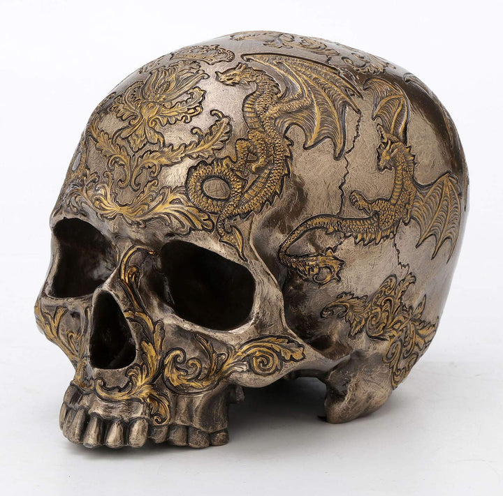 Veronese Design Distel fliegender Drache mit Totenkopf, kaltgegossenes Kunstharz, Bronze-Finish, 14