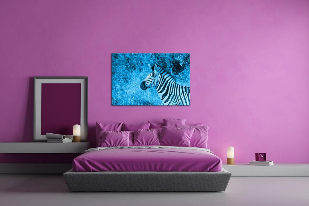 deyoli edles Zebra Format: 100x70 Effekt: Monocrome Blau als Leinwand, Motiv fertig gerahmt auf Echt
