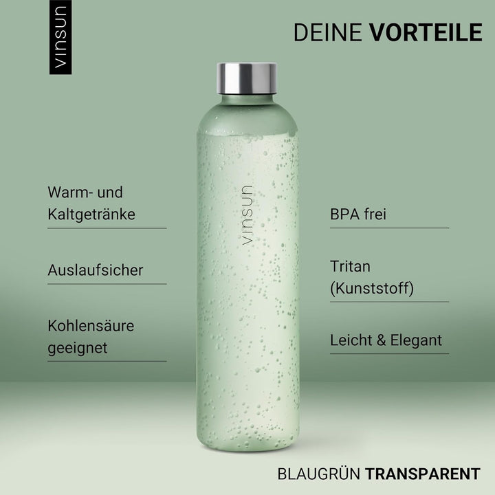 VINSUN Trinkflasche 650ml, 1000ml, 1500ml - auslaufsicher, Kohlensäure geeignet, BPA frei, Tritan -