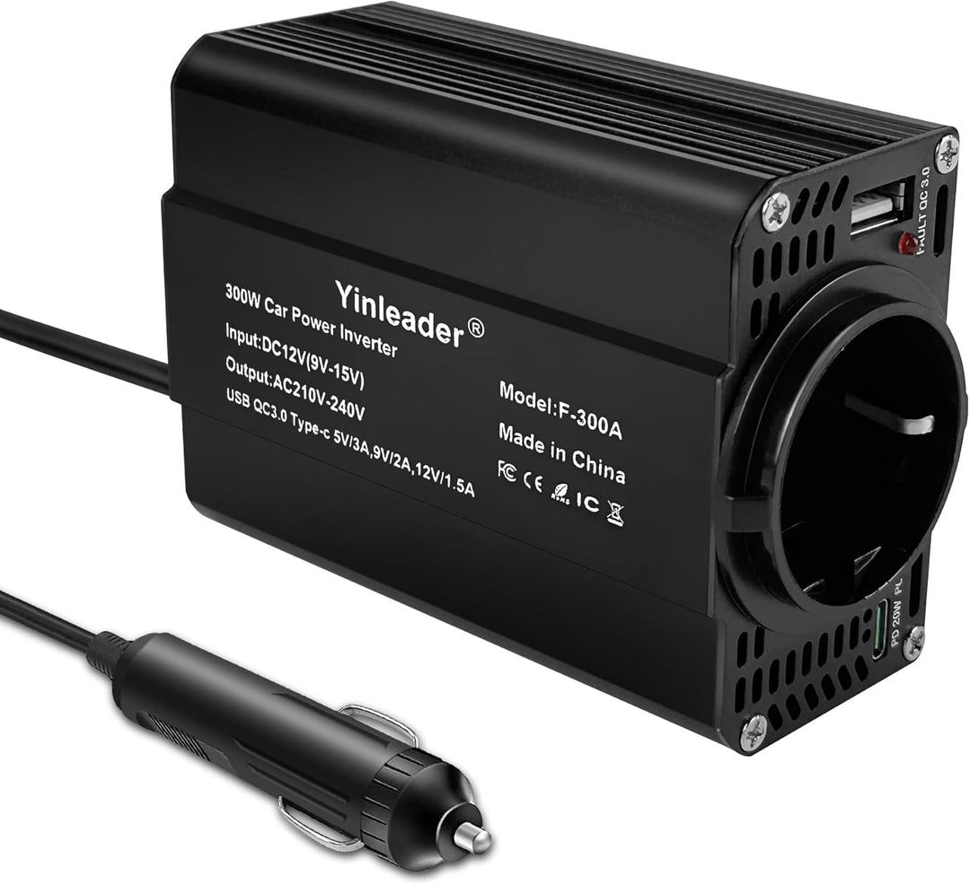 Yinleader 300W 12V auf 230V Wechselrichter 1 EU-Steckdosen und Typ-C PD&USB Q.C 3.0 mit Zigarettenan