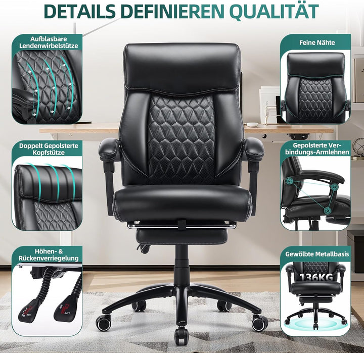 COLAMY Chefsessel Ergonomisch mit Fussstütze, Aufblasbarer Lendenstütze, 117° Kippfunktion, Gepolste