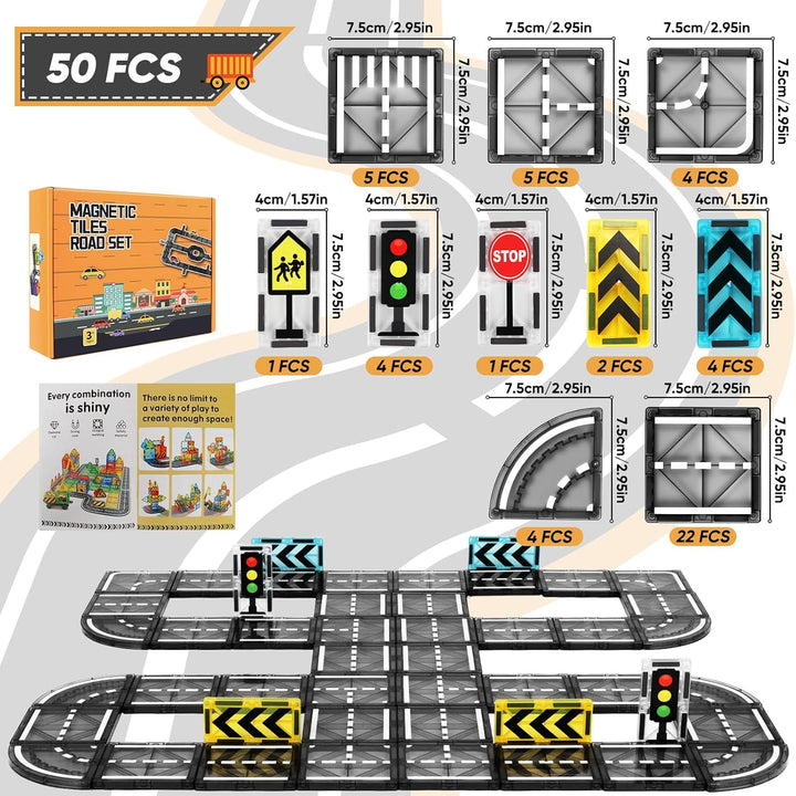 Magnetische Bausteine Strassenset, 52 Stück Magnet Fliesen Spiel Stadt Strassen, Magnetic Road Tiles