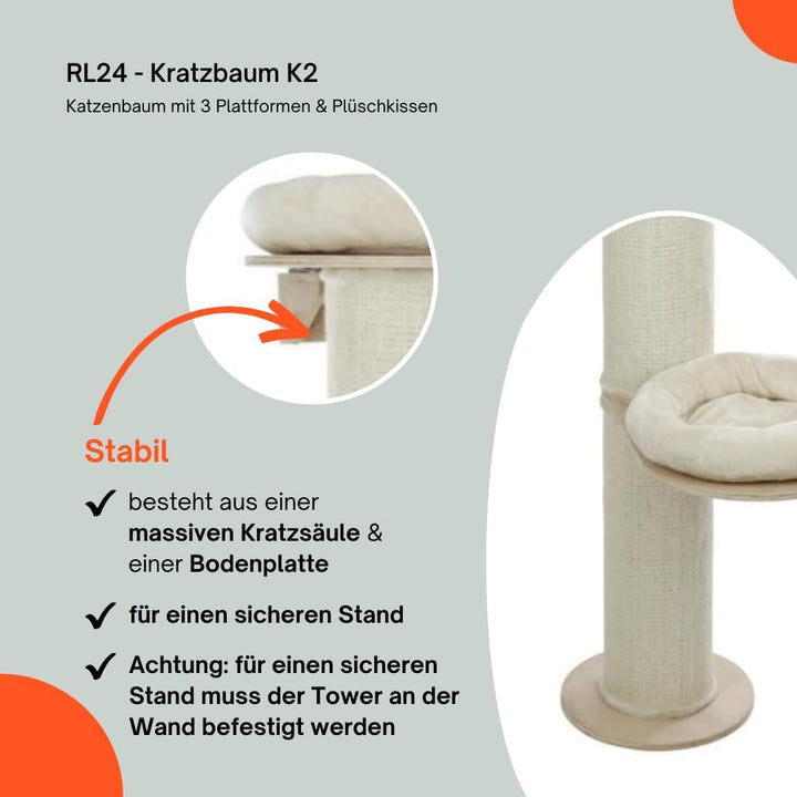 RL24 - Kratzbaum K2 – Katzenbaum mit 3 Plattformen & Plüschkissen in beige – mit Sisalteppich an der
