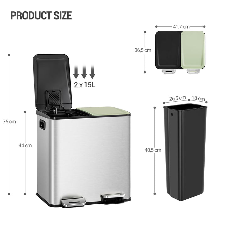 Hzuaneri Mülleimer Küche, 2 x 15 L, Mülltrennsystem 2 Fächer, Mülleimer mit Farbigem Soft-Close-Deck