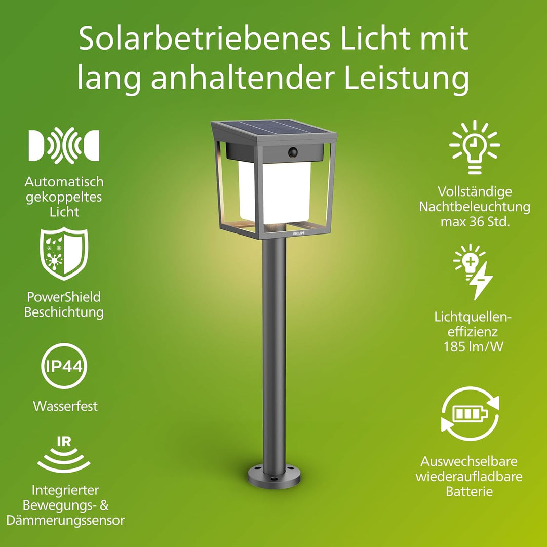 Philips Outdoor Ultra-Efficient Solar Blaise Sockelleuchte 1.5W, Linkable Funktion, Tageslicht- und