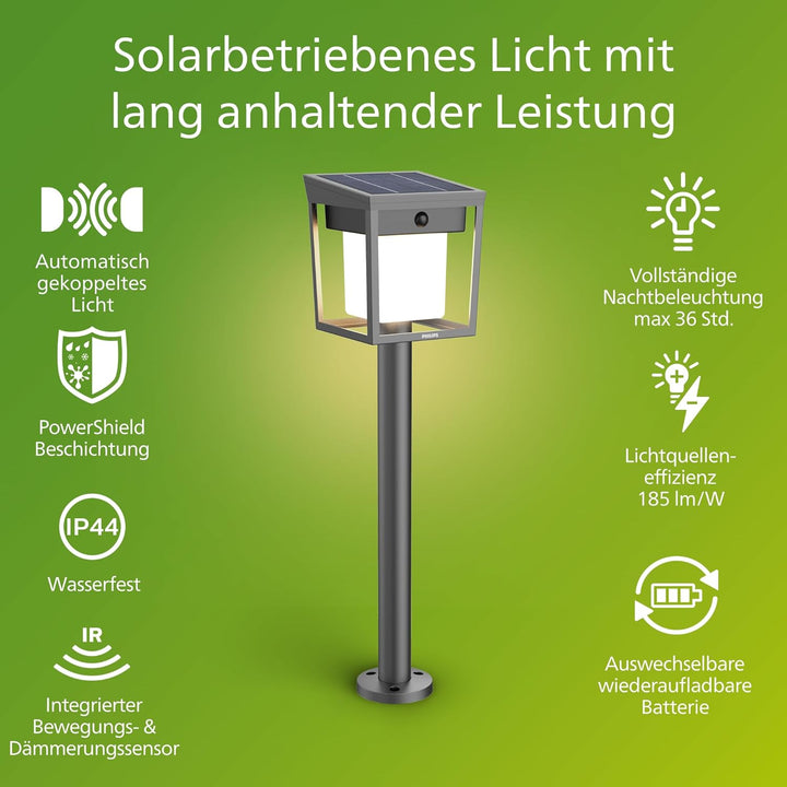 Philips Outdoor Ultra-Efficient Solar Blaise Sockelleuchte 1.5W, Linkable Funktion, Tageslicht- und