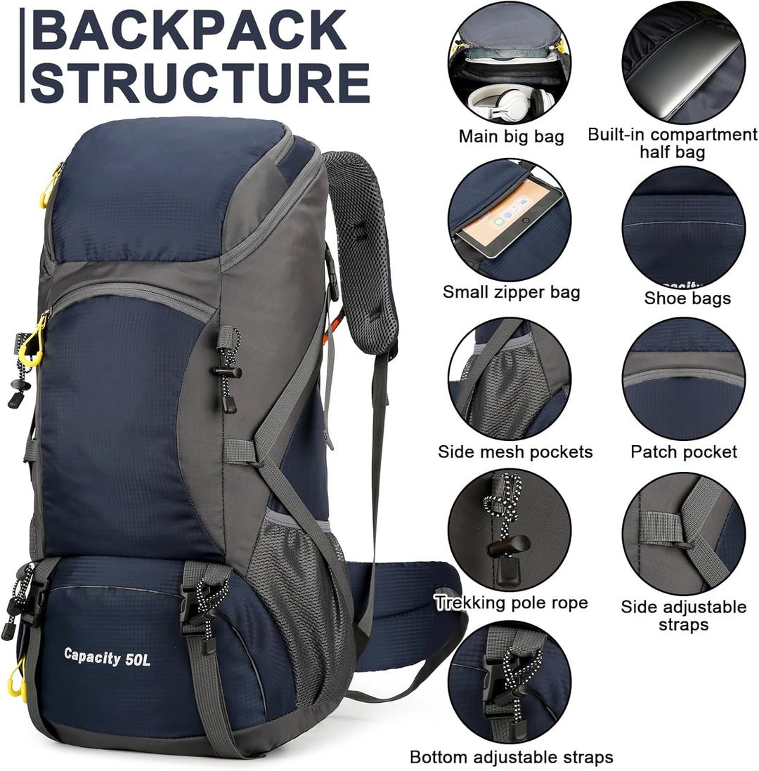 jianyana Wanderrucksack 50L Trekkingrucksack Regenhülle Reiserucksack Wasserdichter Campingrucksack