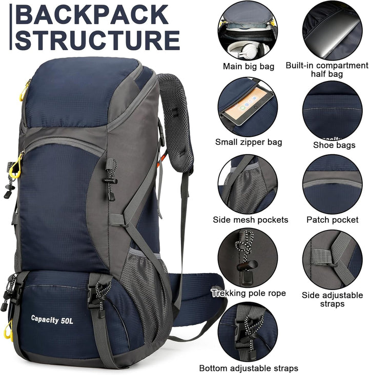 jianyana Wanderrucksack 50L Trekkingrucksack Regenhülle Reiserucksack Wasserdichter Campingrucksack