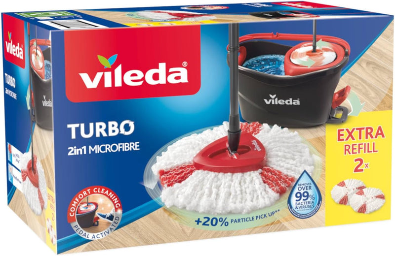 Vileda Easy Wring/Clean Turbo Set Besen mit Eimer + 2 Refill Vileda Turbo, Super Set mit 2 Mikrofase