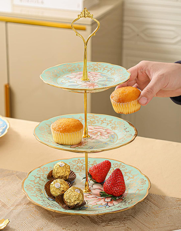 CHANJOON 3-stöckiger Keramik-Kuchenständer im Vintage-Stil mit schönem klassischem Rosenmuster, Lebe