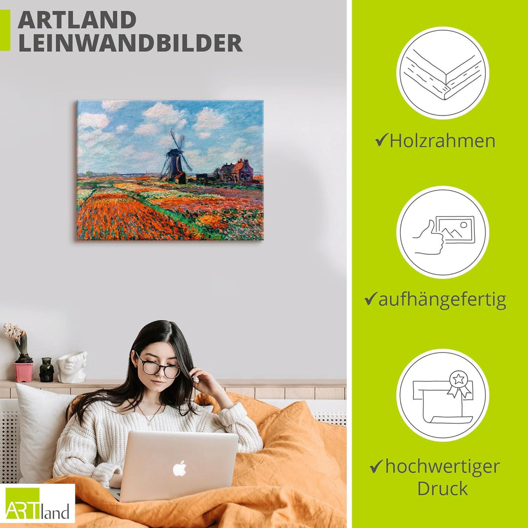 ARTland Leinwandbilder Wandbild Bild auf Leinwand 80x60 cm Wanddeko Idyll Dorf Windmühle Blumen Tulp