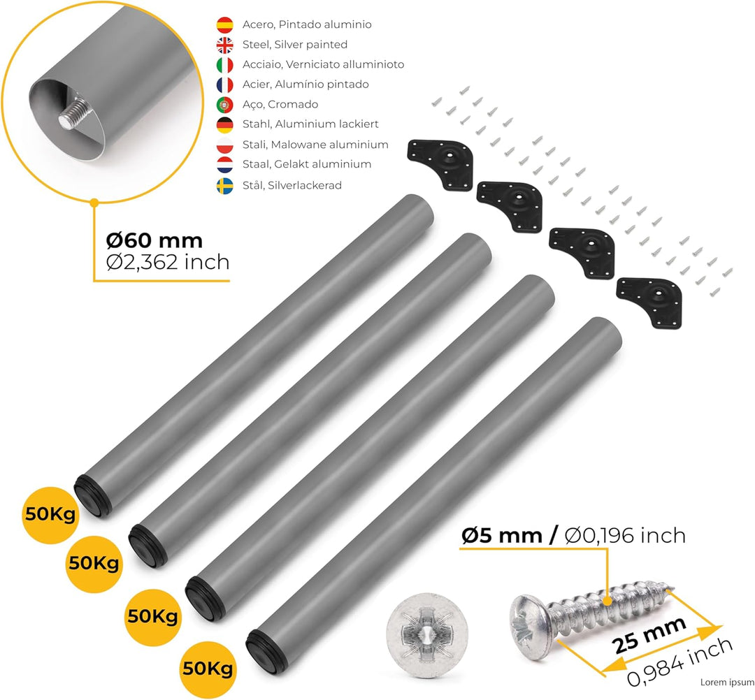 Emuca - Regulierbare Tischbeine Ø60x710mm, 4er Set aus Stahl, regulierbare Höhe 710-730mm, Metallic-