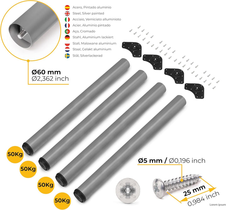 Emuca - Regulierbare Tischbeine Ø60x710mm, 4er Set aus Stahl, regulierbare Höhe 710-730mm, Metallic-