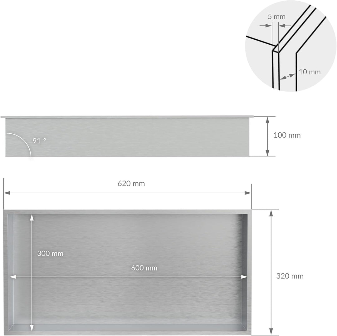 LuxeBath Wandnische aus Edelstahl, 60x30x10 cm, Silber, Duschnische mit Rahmen, Einbauregal, Flexibl