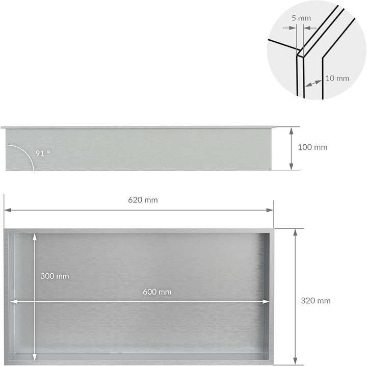 LuxeBath Wandnische aus Edelstahl, 60x30x10 cm, Silber, Duschnische mit Rahmen, Einbauregal, Flexibl