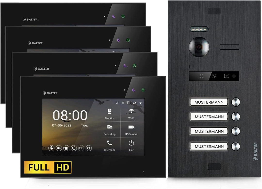 Balter EVO-HD Video Türsprechanlage, Video Türklingel mit Kamera, 4 familienhaus Klingel, 7 Zoll HD
