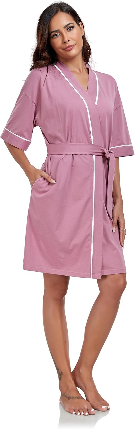 COLORFULLEAF 100% Baumwolle Bademantel Damen Kurz Morgenmantel Leicht Knielang Kimono Saunamantel Na