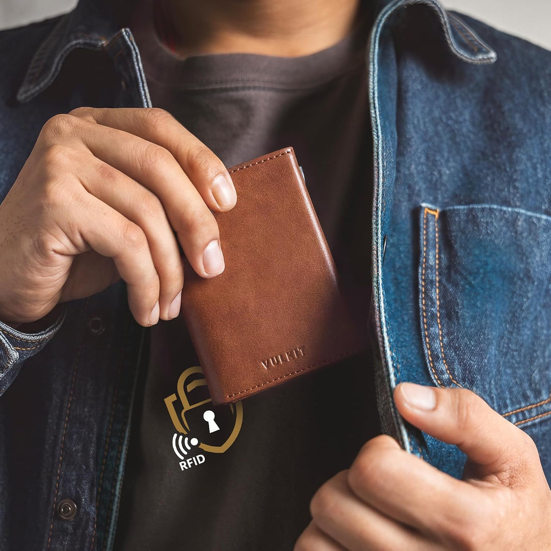VULKIT Herren Geldbörse Schlanke mit RFID-Schutz und Münzfach | Leder Geldbeutel Kartenetui Klein Po