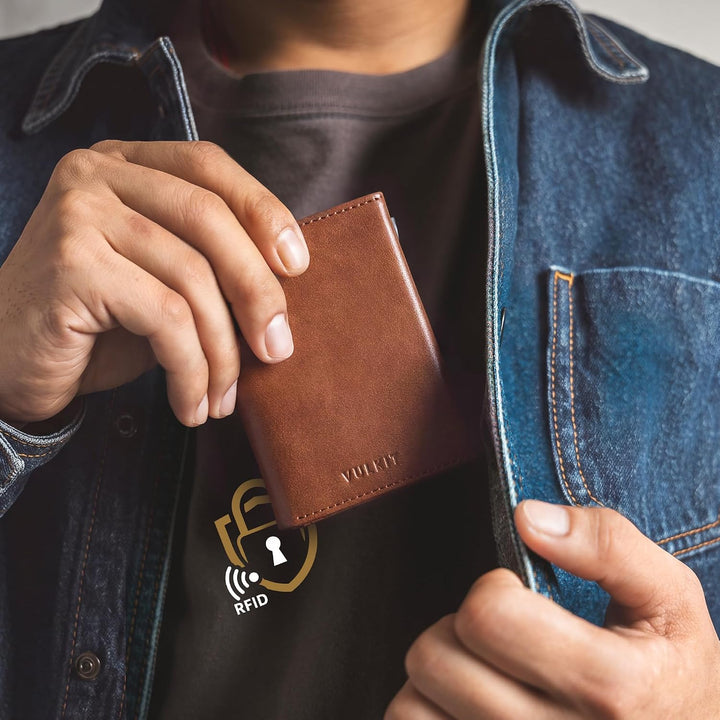 VULKIT Herren Geldbörse Schlanke mit RFID-Schutz und Münzfach | Leder Geldbeutel Kartenetui Klein Po