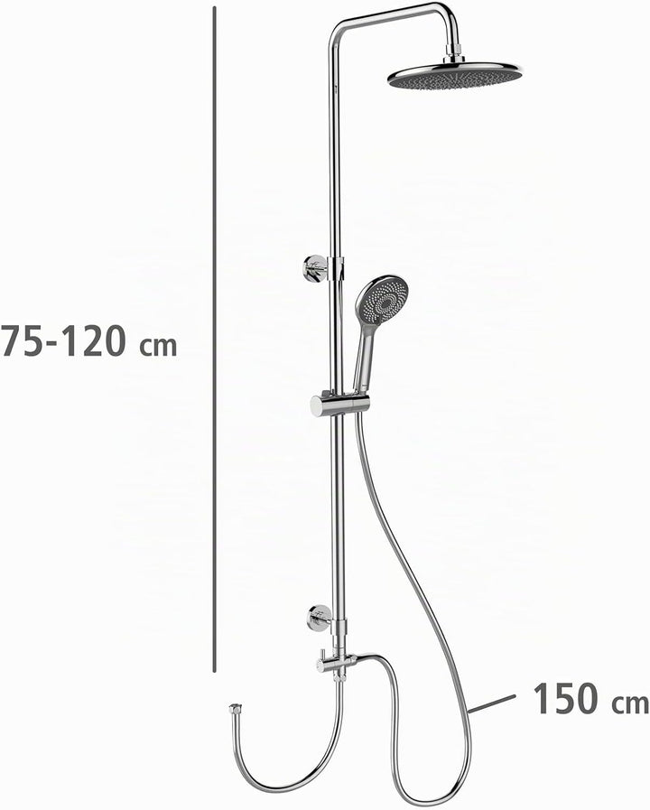 WENKO Duschsystem Watersaving, Duschstange aus Edelstahl mit wassersparendem Regenduschkopf und Hand