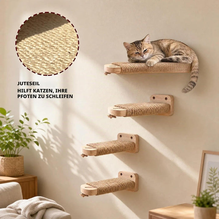 4pcs Katzentreppe Wand, Kletterwand Katzen aus Holz,Wandliege Kletterwand Katzen mit Juteseil zum Kr