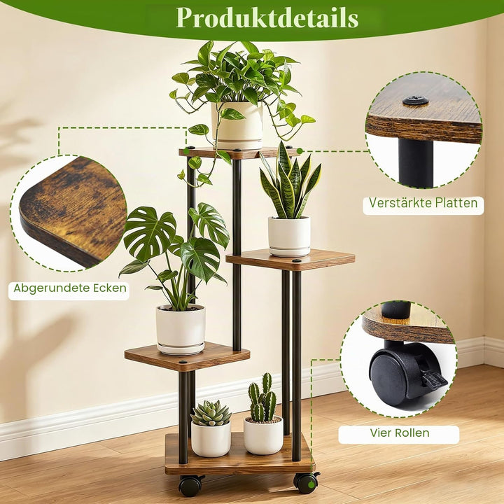 Pflanzenständer für den Innenbereich, 4 Etagen Pflanzenregal aus Holz und Metall mit 4 Rollen Blumen