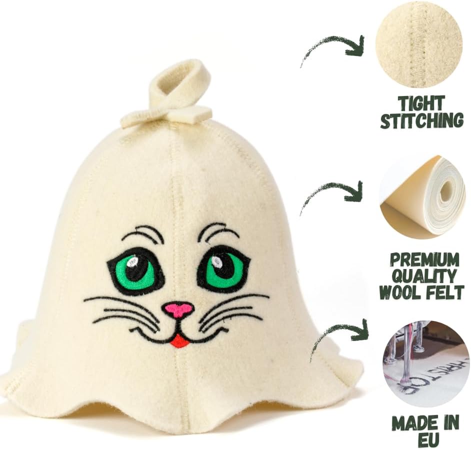 Natural Textile Saunahut 'Sauna Kitten' White - 100% organische Wollfilzmützen - Schützen Sie Ihren